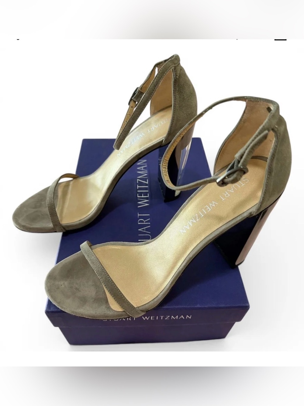 Stuart Weitzman Gray Suede Metallic Block Heel Sandals